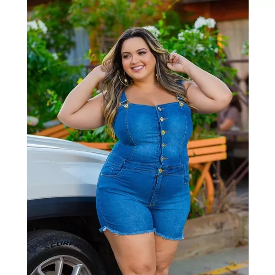 Jardineira Plus Size Jeans Feminino, Com Alça Aju