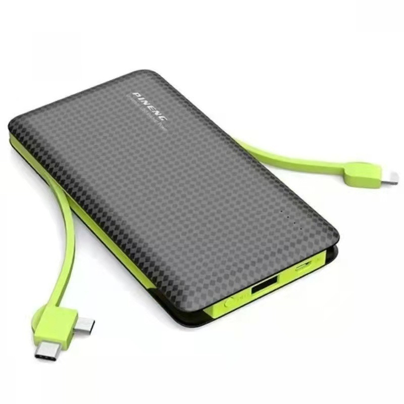Power Bank 10000mAh Pineng Portátil com Cabos Embutidos USB Tipo C e Lightning Carregador Rápido