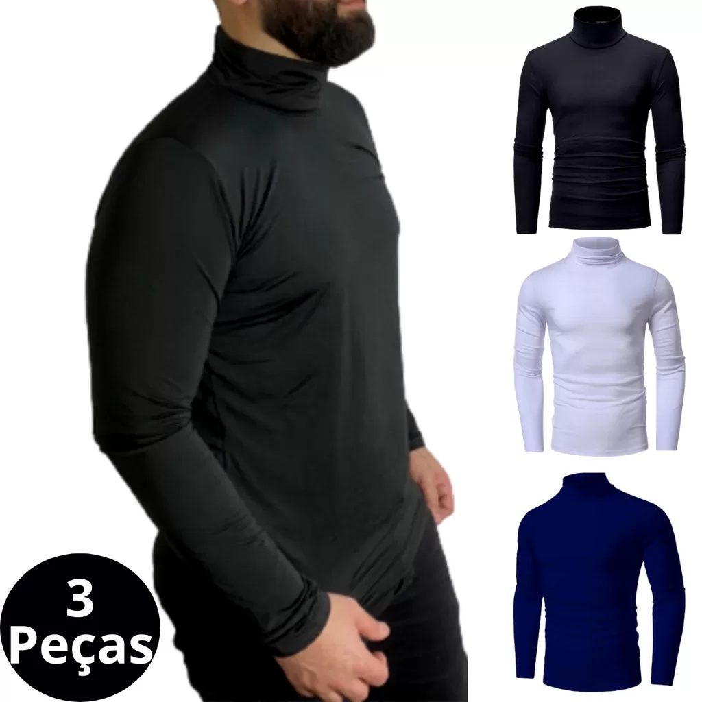 Kit 03 Camisa Gola Alta Proteção UV Segunda Pele Cacharrel Térmica Premium Manga Longa