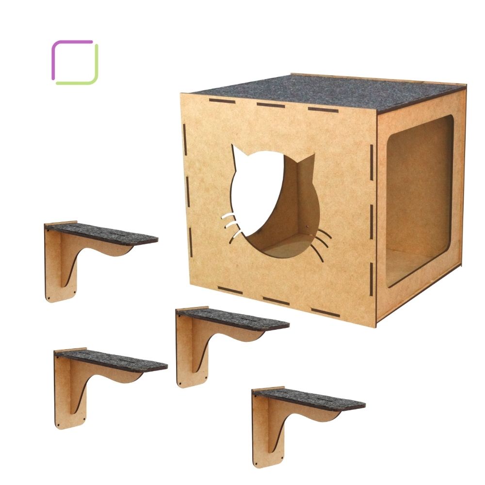 Brinquedo para Gatos Casinha + Escadinha de parede nicho degrau com carpete