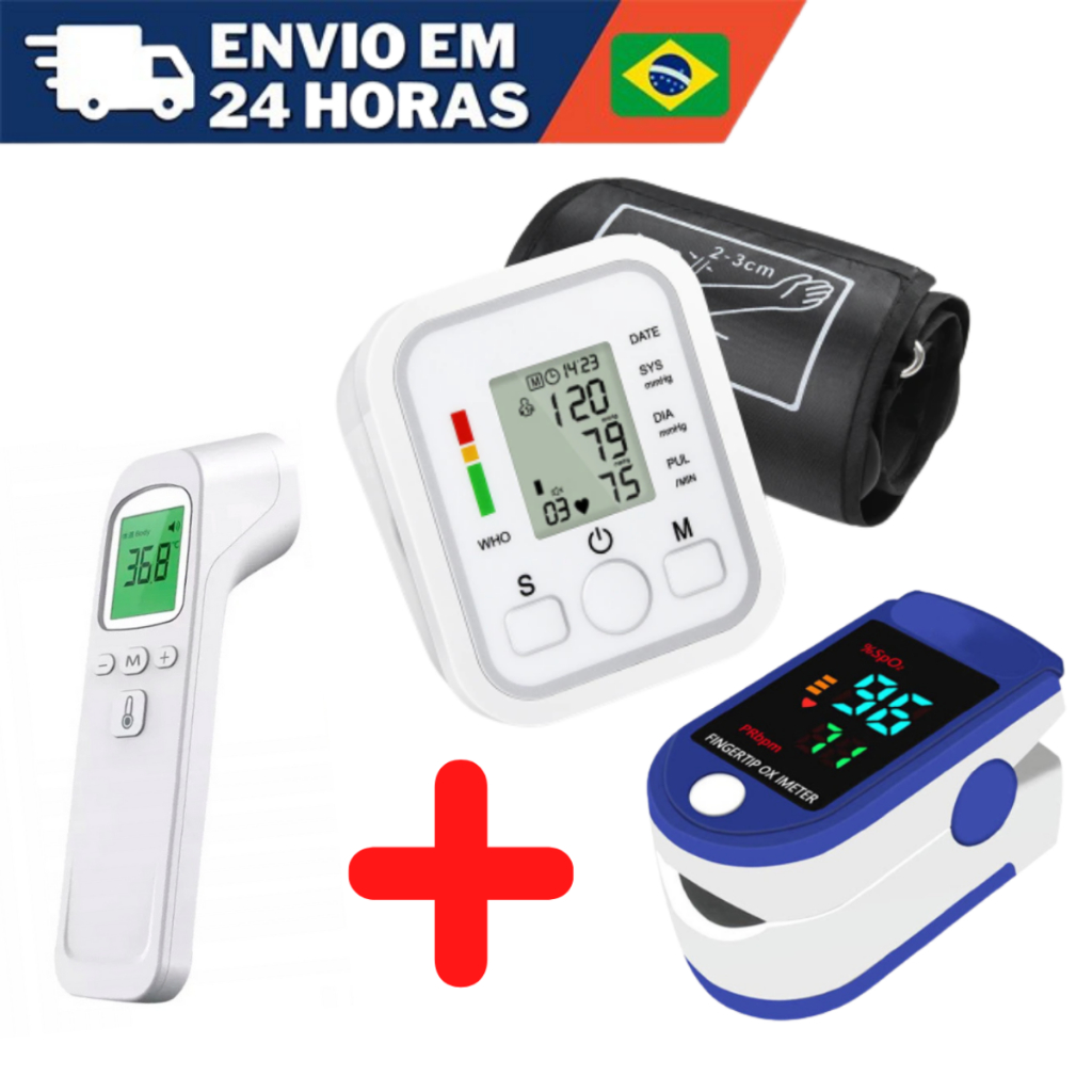 Kit Cuidador de Idosos 3×1 com Esfigmomanômetro Aparelho de Pressão Termômetro De Febre e Oxímetro