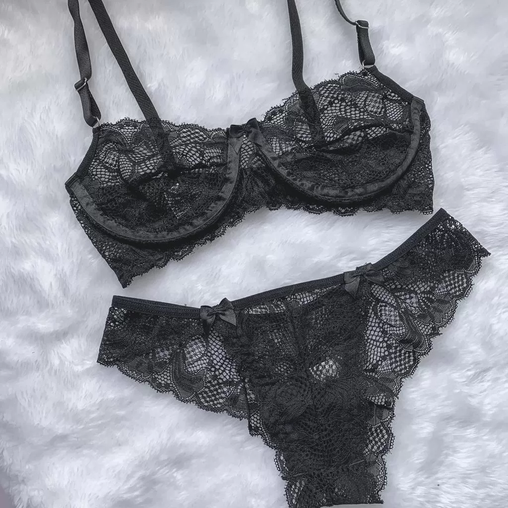 Conjunto lingerie sutiã de renda sem bojo com aro meia taça calcinha tanga rendada langerie sexy lux