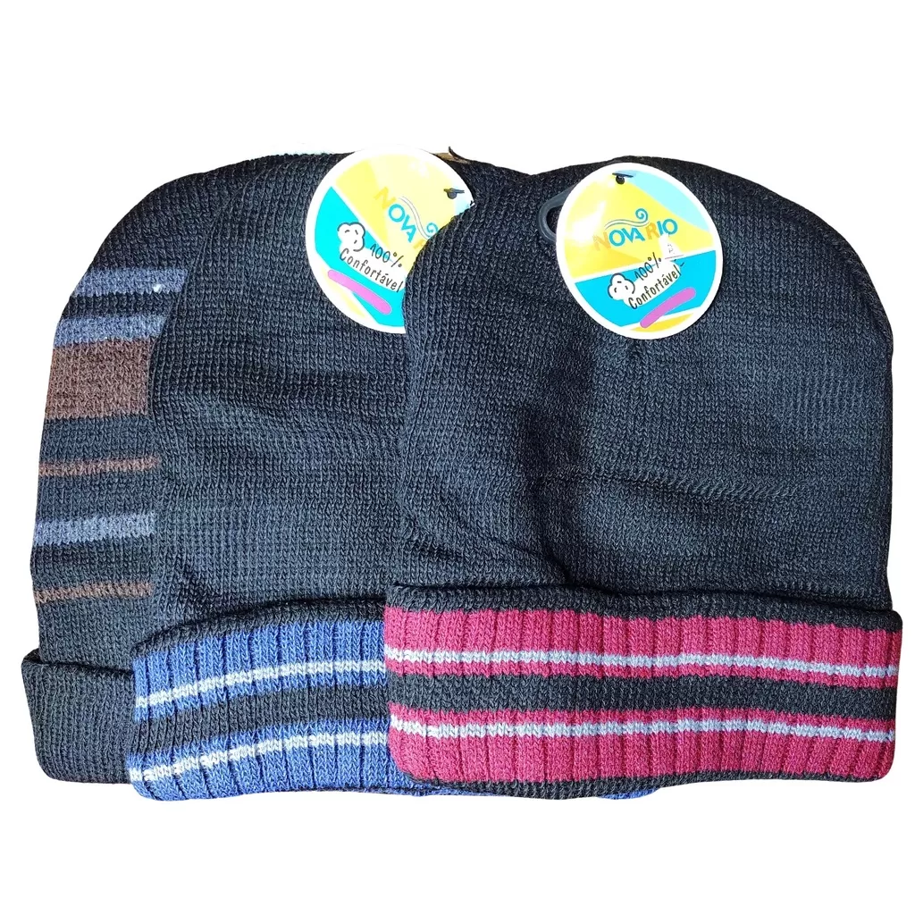 01 Touca Gorro Lã Preta Listrada Adulto Peluciada Interna