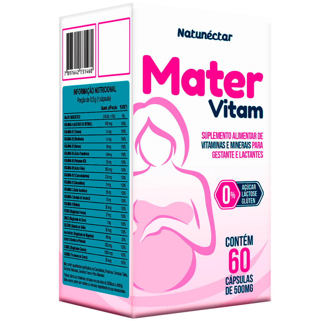 Suplemento Vitaminas e Minerais Gestante Lactantes Mater Vitam 60 Capsulas 500mg Premium