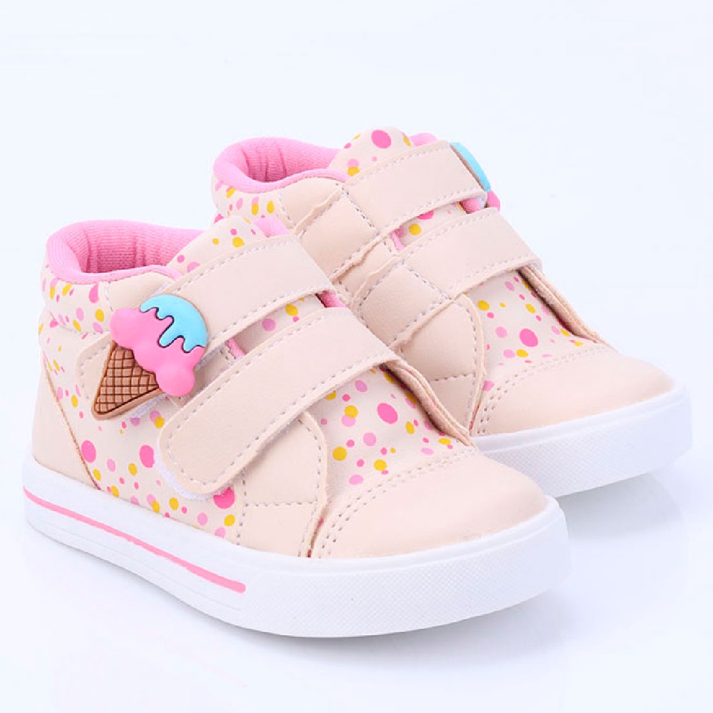 Tênis Infantil Feminino Bee Happy  Calce Fácil Confortável Sorvetinho Meninas Rosa Preto e Nude