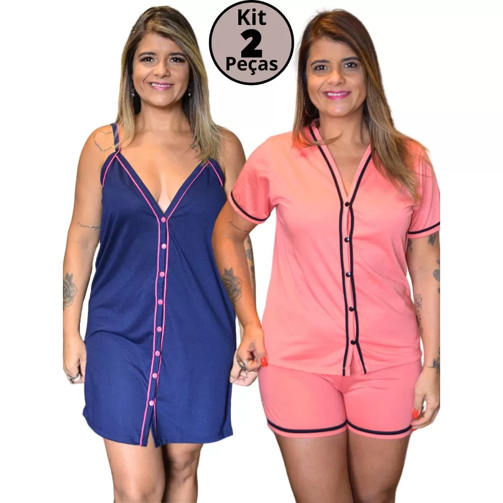 Kit 2 Pijamas Americano Amamentação Baby Doll em Malha Cores Sortidas com Botões