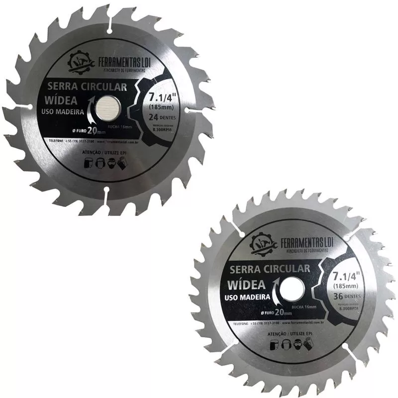 Kit com 1 Serra Circular 24 Dentes + 1 Serra Circular 36 Dentes 185mm Furo 20 Widea LDI