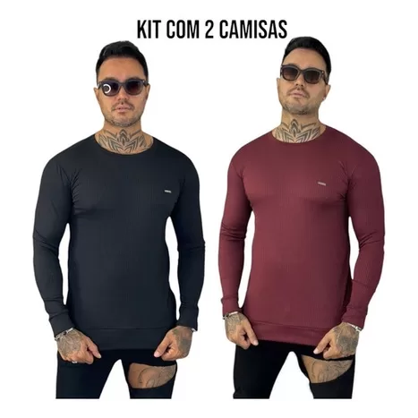 Blusas Manga Longa Masculina Malha Canelada Premiu