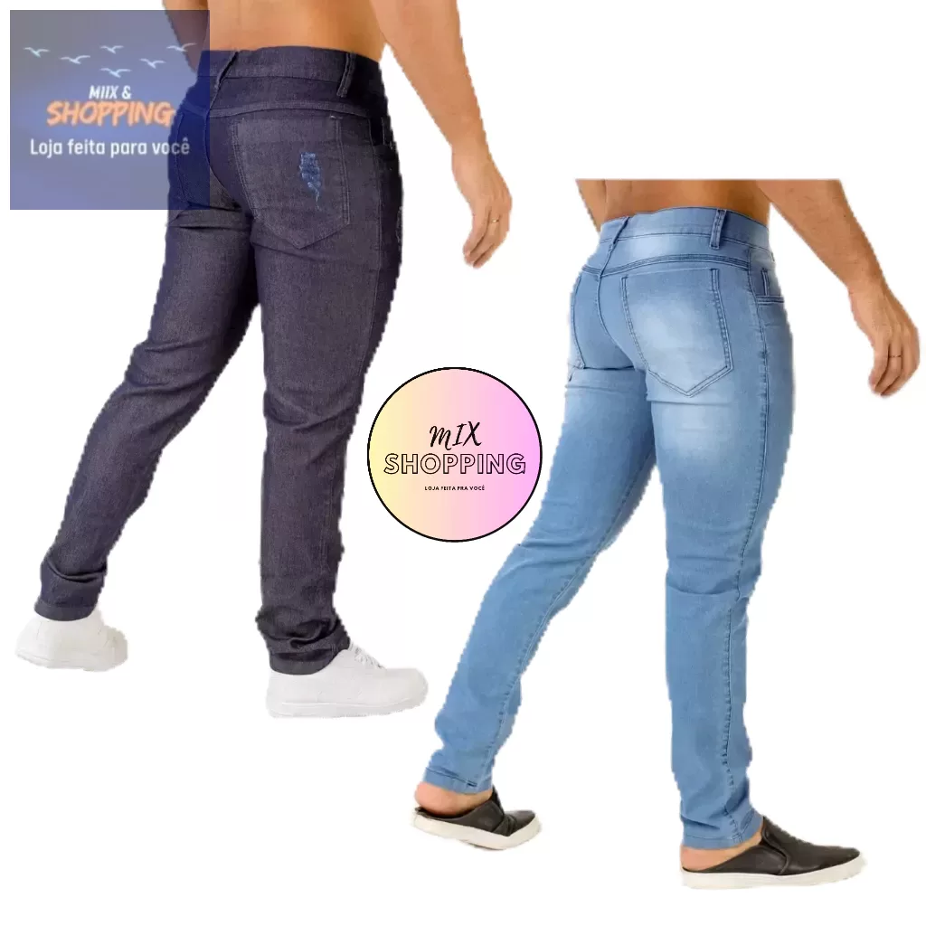 Kit 2 Calças Masculina Jeans com Lycra Jeans Escuro/Claro com Corte Clássico Calça Skinny