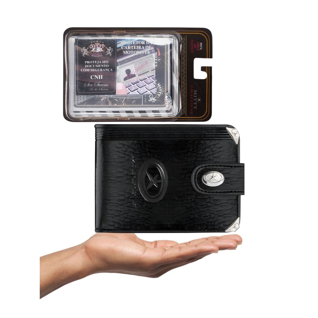 Kit Carteira Grande Mitty Couro + Refil Mitty M2F PLM2 PRETO Dia dos Pais Natal Namorados