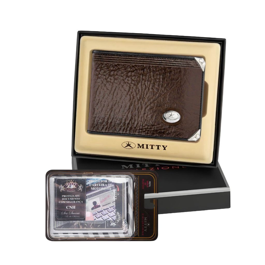 Kit Presente Homem Carteira Masculina Grande Mitty Couro Legítimo + Refil Mitty M2 PLM2 CAFE