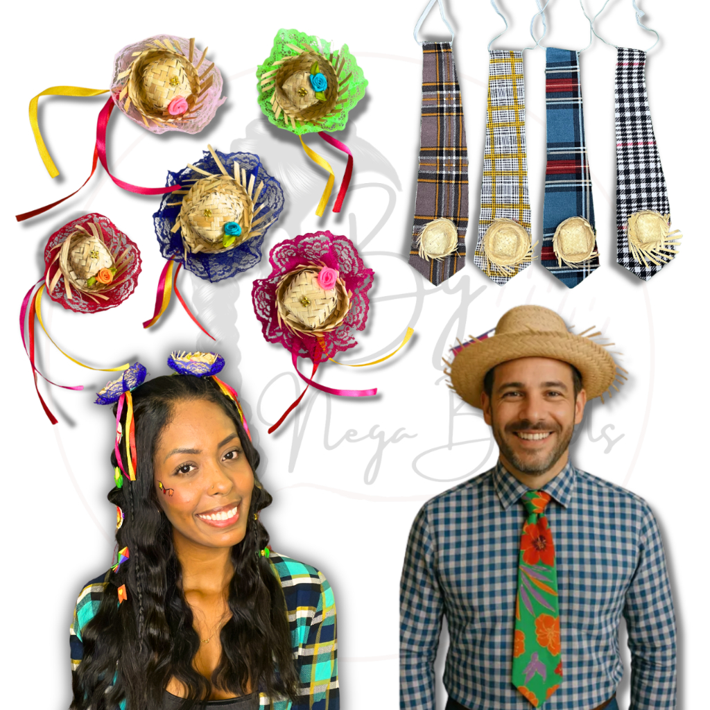 Kit 12 Presilha Chapéu de Palha + 12 Gravata Chapéu De Palha Festa Junina, Acessório Festa Junina, L