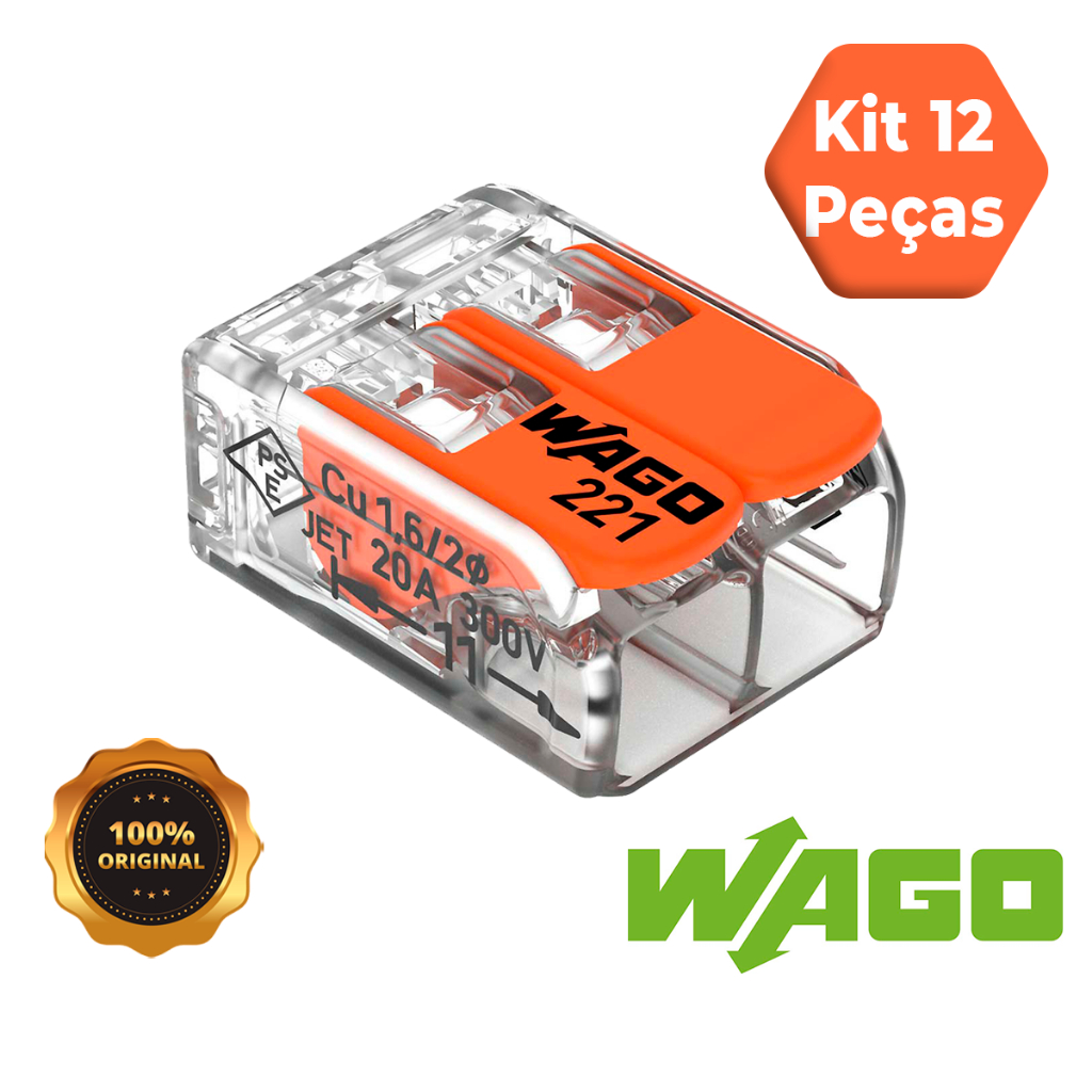 Conector de Fio Elétrico Wago 221-412 Conector Wago Emenda 4mm² 32A Conexão Automática Kit 12 peças