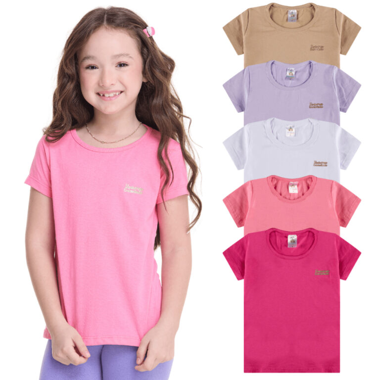 Kit 5 Blusa Manga Curta Infantil Menina 100% Algod