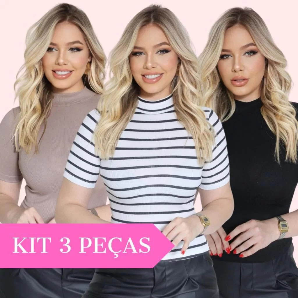 Kit 3 Peças Blusa Feminina Manga Curta Gola Alta Básica Slim Malha Ribana Canelada Confortável Verão