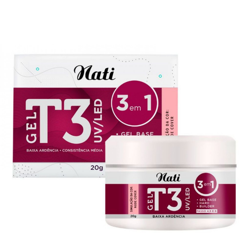 Gel Base Construtor T3 Nati Uv/Led p/ Alongamentos de Unhas 3 em 1 Cor Nude Cover Hard Builder