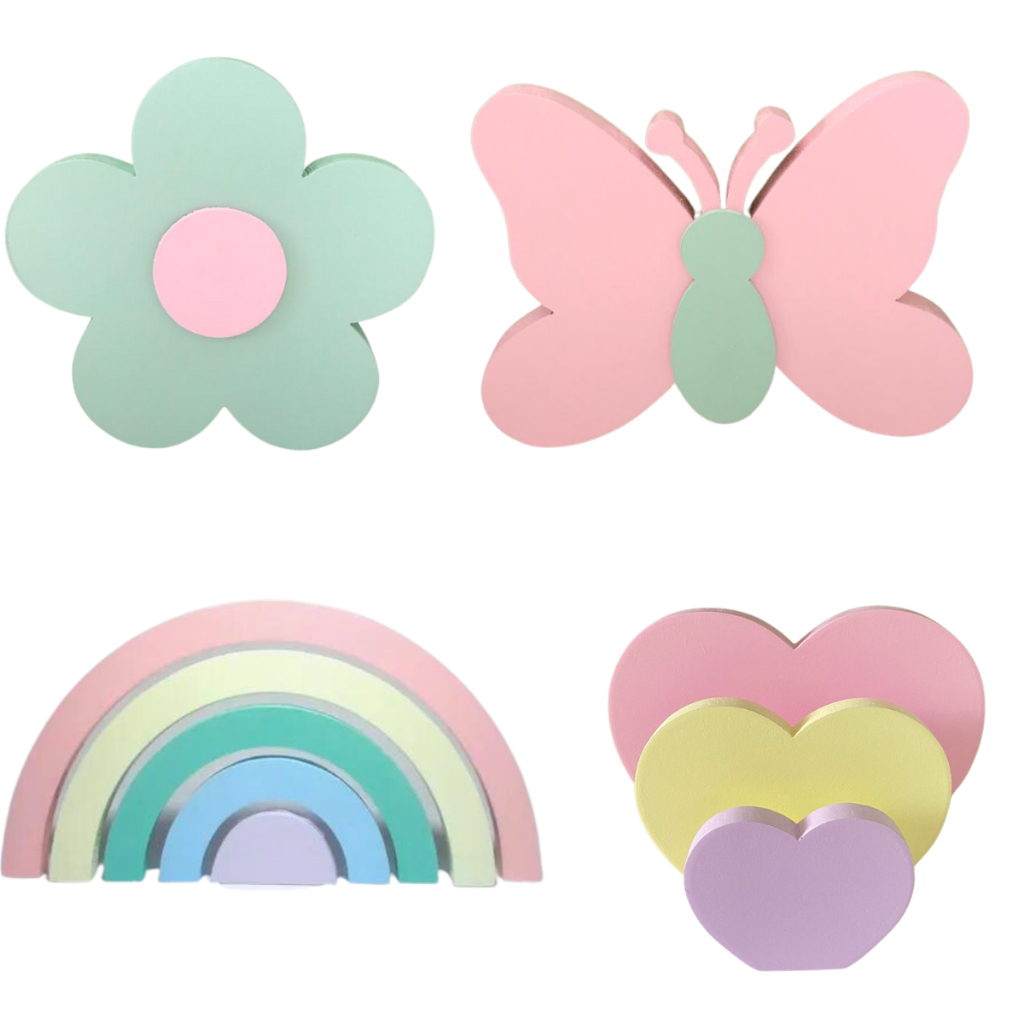 Kit MDF 1 Arco – Íris + 1 Flor + 1 Borboleta +Trio coração  Decoração de Quarto Bebê