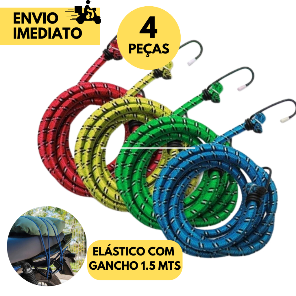 4 Corda Elástica para Bagageiro com 2 Ganchos Tam 1,50mt x 8mm Moto Motoboy, Amarrar Bagagens Bike C