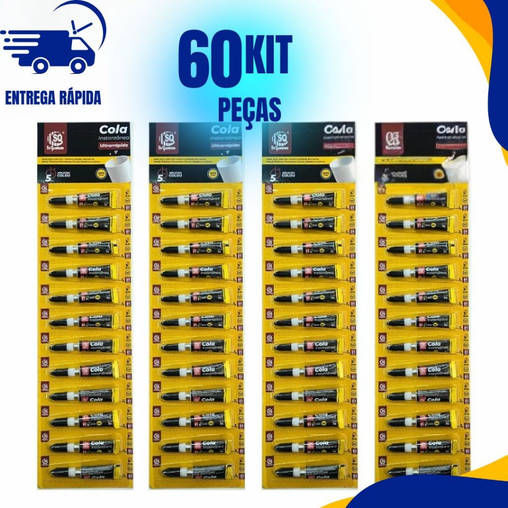 KIT 60 Super Cola Instantânea Tubo 3g Ultra Rápida Adesivo Transparente Uso Geral C/60 Ou 48 Un