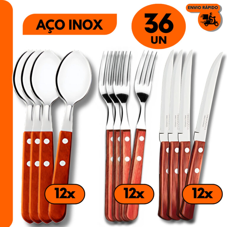 Kit 36- Talher Garfos Facas e Colher Cabo de Madei