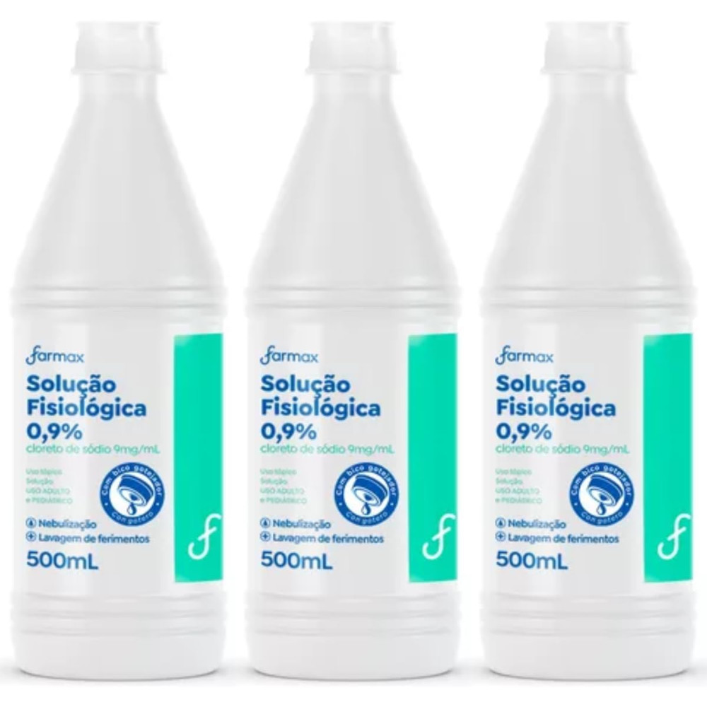 Kit C/ 3un Soro Fisiológico Farmax 500ml Uso Adulto e Pediátrico