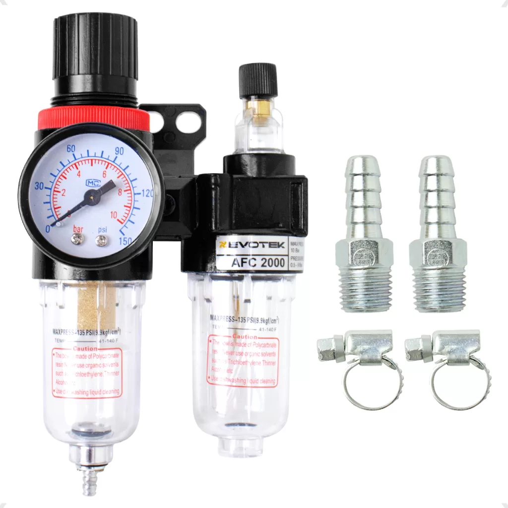 Filtro Eliminador de Água e Óleo Com Regulador de Pressão 1/4 E Conexões Para Compressor de Ar