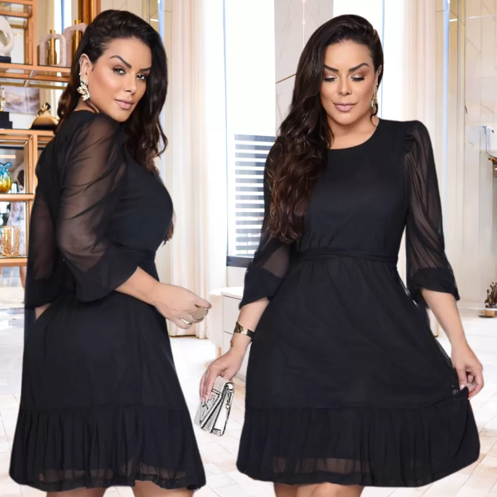 Vestido Preto Casual Com Cinto Ajustável