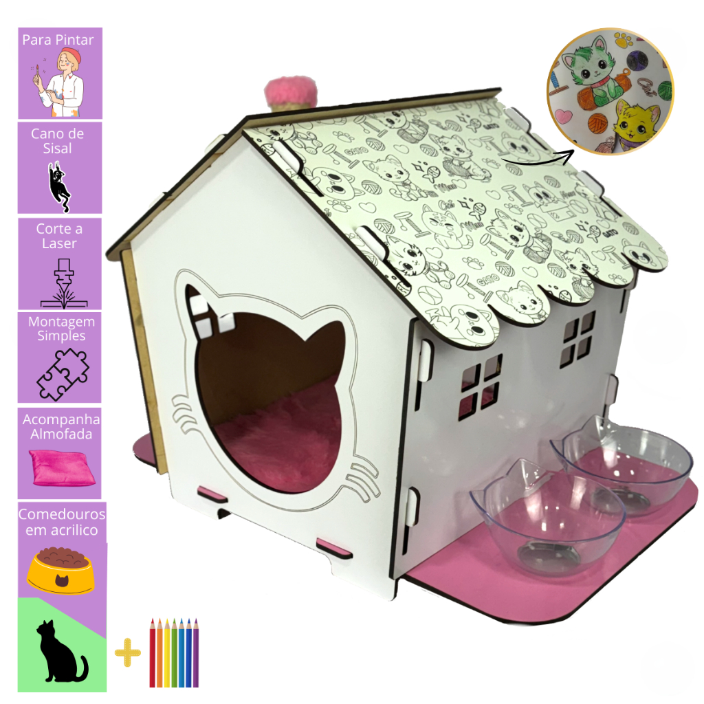 Casa Arranhador de Gato Toca Cama com Comedouro para Colorir