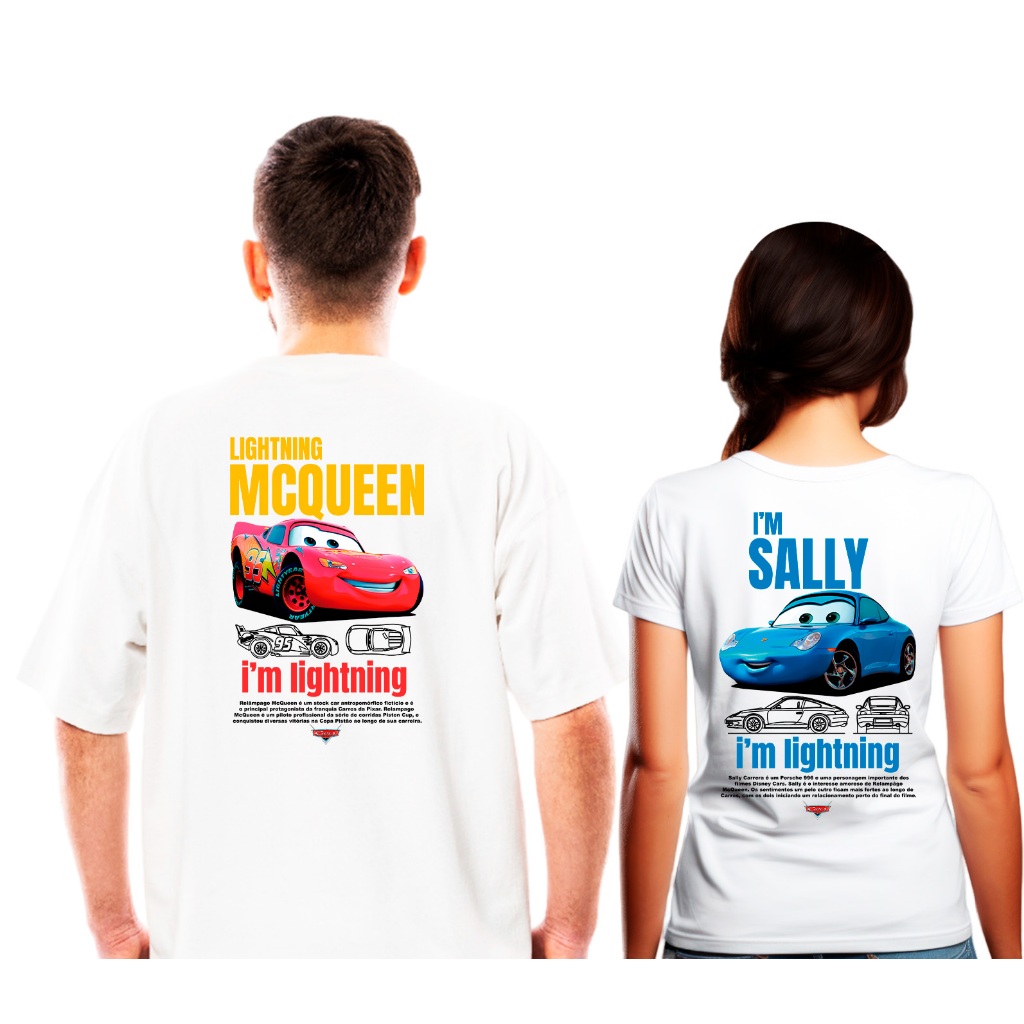 Kit Casal Camiseta Branco T-Shirt Sally e Mcqueen 100% Algodão Gearhead