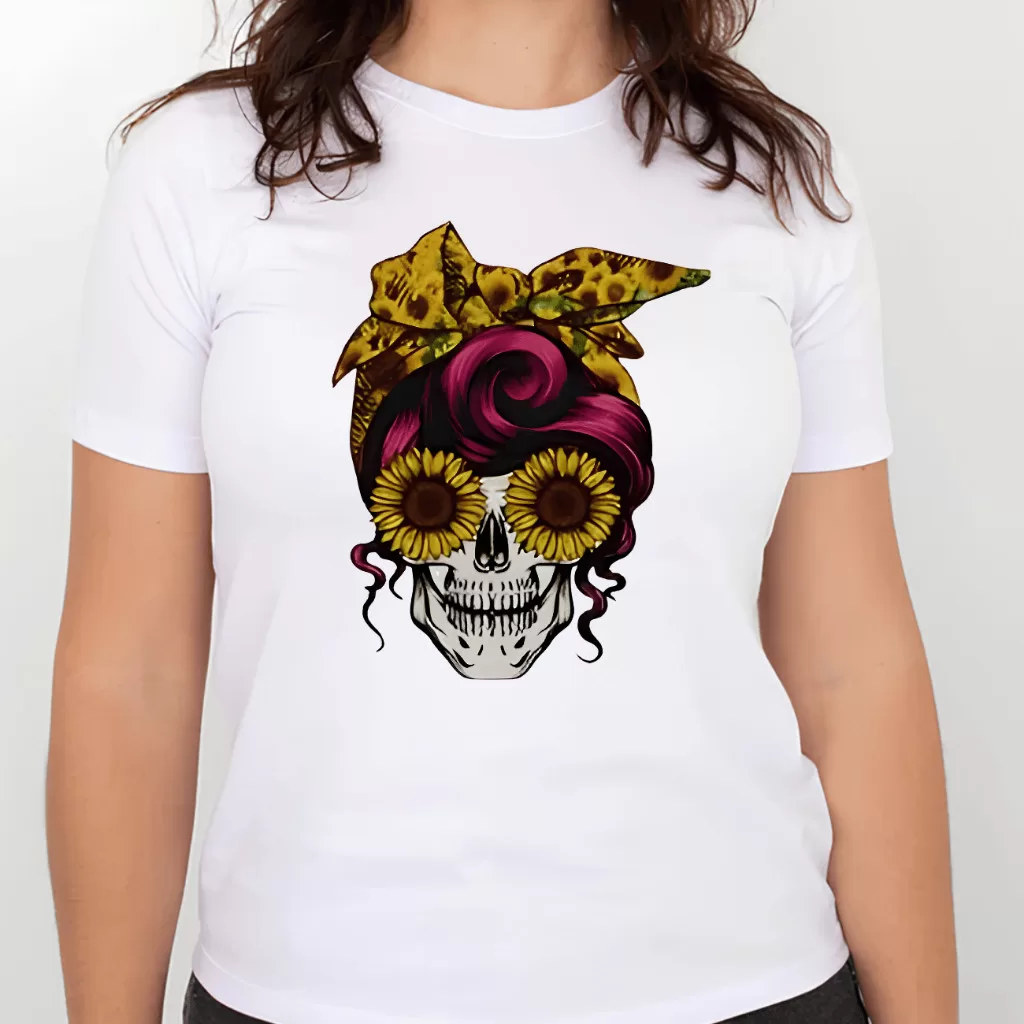 Camiseta Caveira Girasol Estilosa Feminina