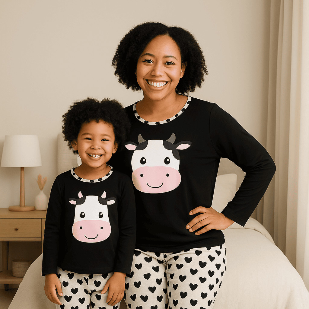 2 Pijamas Inverno Longo Mãe E Filha Manga Longa e Calça Desenho Divertido
