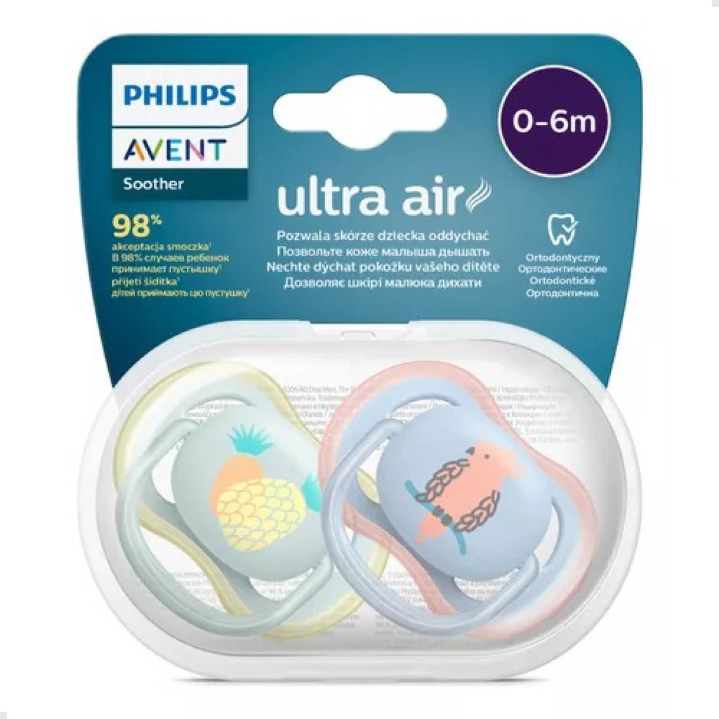 Chupeta Ultra Air Dupla 0-6m Deco Philips Avent Menino 100% Silicone Menina Abacaxi e Pássaro c/Capa