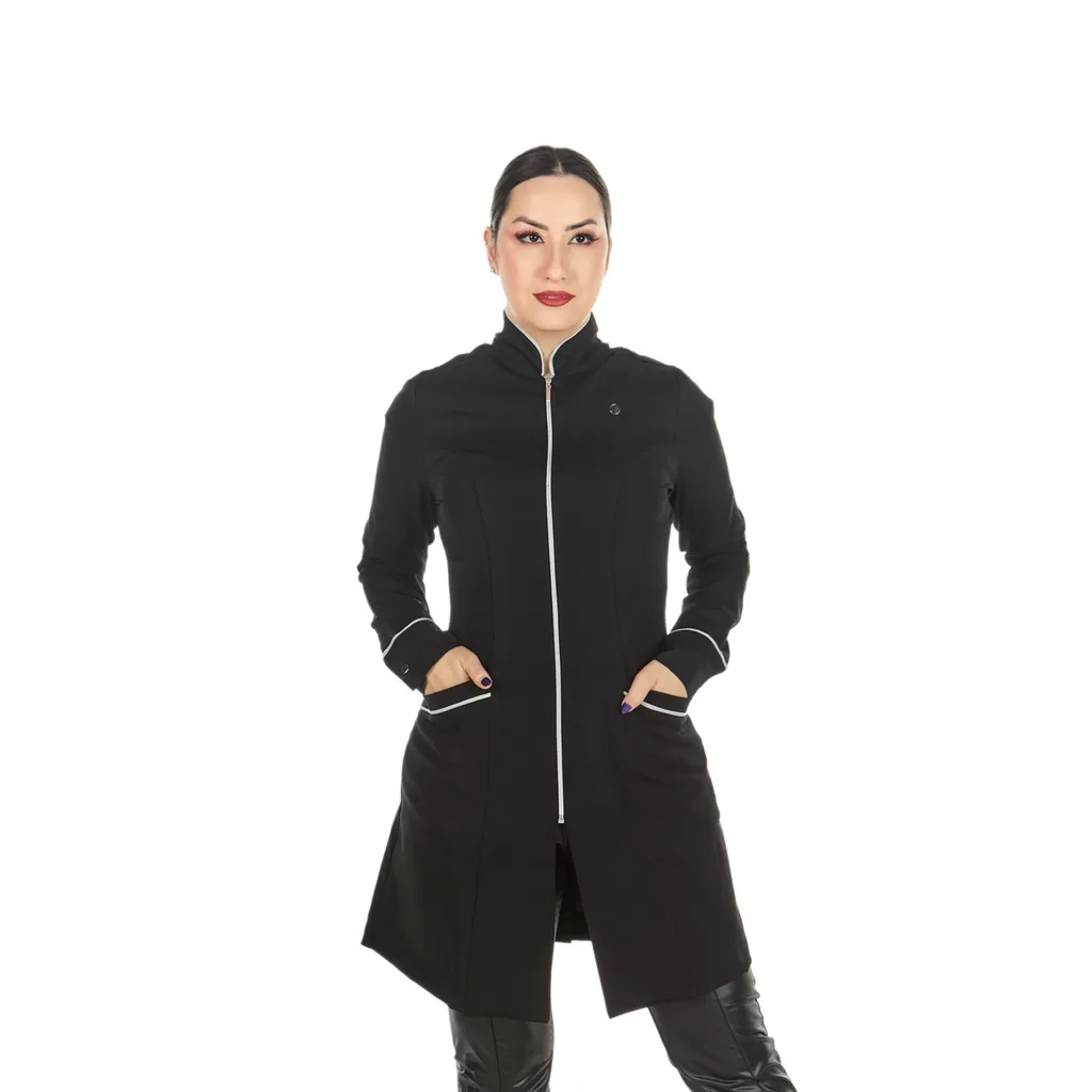 Jaleco Feminino Gola Padre Zíper Manga Longa Acinturado Preto Uniforme Profissional Esteticista Salã