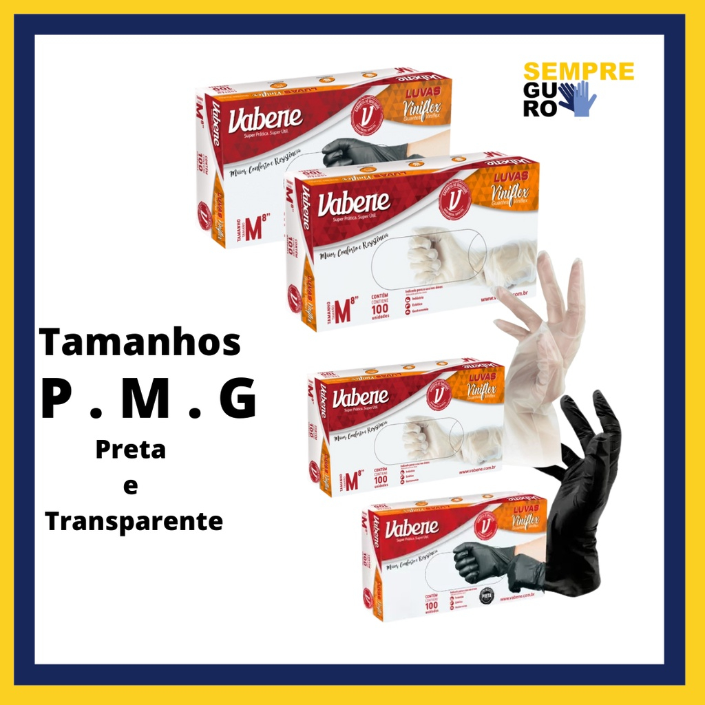 Luva Vabene Viniflex Descartável Cx com 100 Unidades Rosa, Preta e Transparente Tamanhos P, M, G