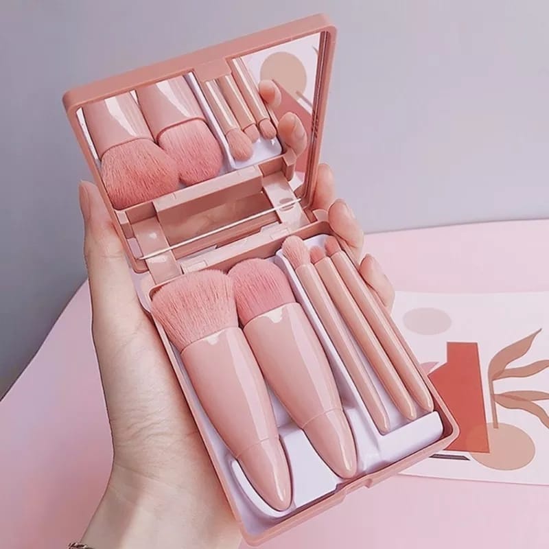 Mini Espelho De Maquiagem Portátil Com 5 Pcs Pincéis De Maquiagem Lupa Mão Segurar Bolso Dobrável Ma