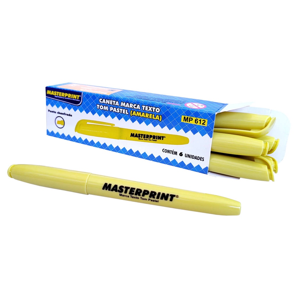 Caixa com 6 Canetas Marca Texto Amarelo Tom Pastel Ponta Chanfrada Masterprint MP 612