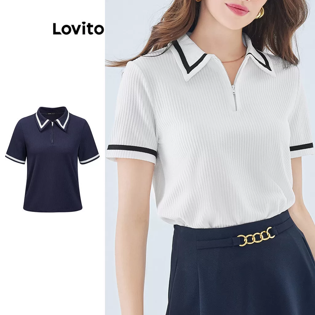 Lovito Camiseta Elegante Com Gola Lisa E Contrastante, Camisetas De Manga Curta Para Mulheres L49ED0
