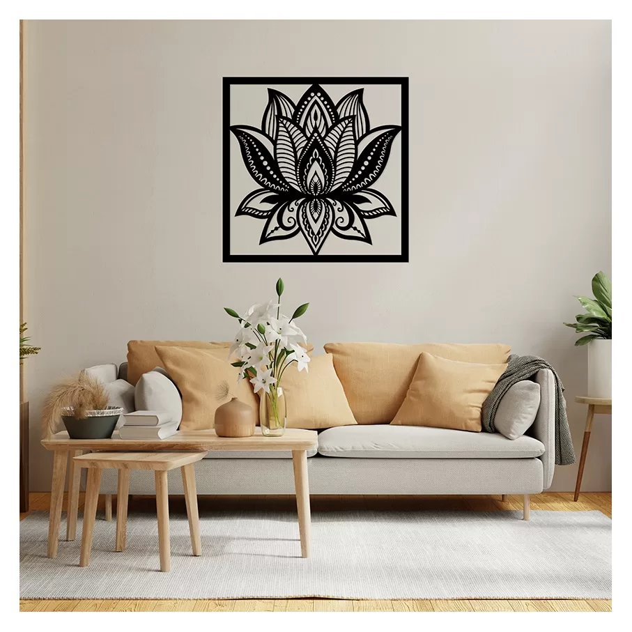 Quadro Flor de Lótus Decoração em Mdf Mandala Parede Preto