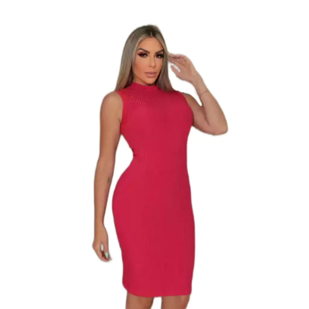 Vestido Feminino Midi Canelado Gola Alta Rosa Regata Estiloso e Confortável Para Ocasiões Especiais