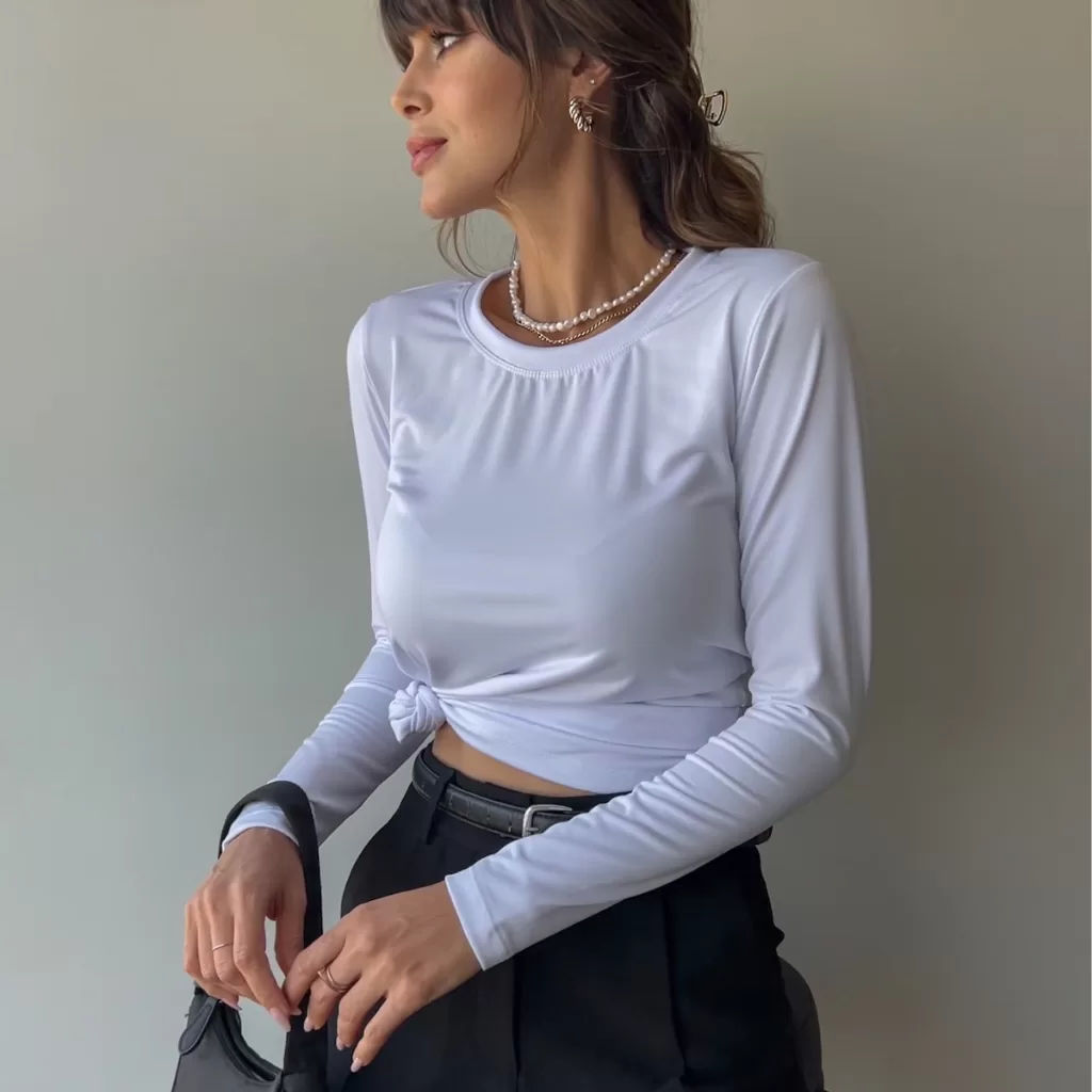 Tshirt Manga Longa Branco Blusa Básica Feminina Camiseta Gola O Malha Suplex