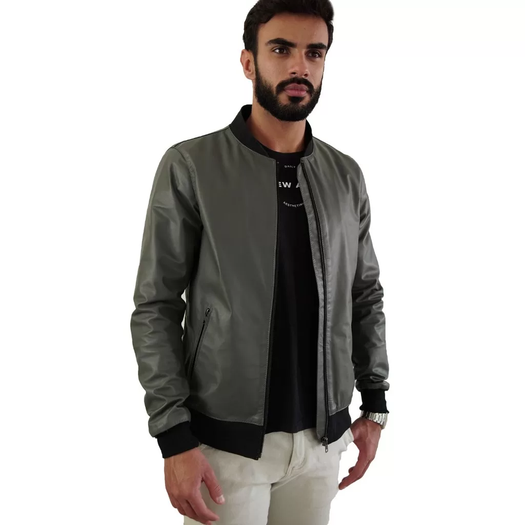 JAQUETA BOMBER MASCULINA EM COURO LEGITIMO PREMIUM 504 ESTILO COLEGIAL