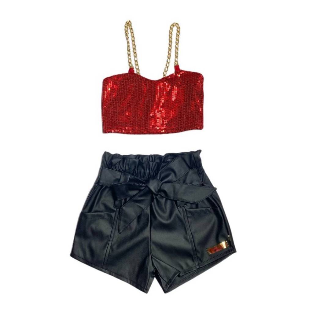 Conjunto Infantil Menina Top Brilho e Shorts Couro Cirrê Super Luxuoso e Elegante Festas e Eventos