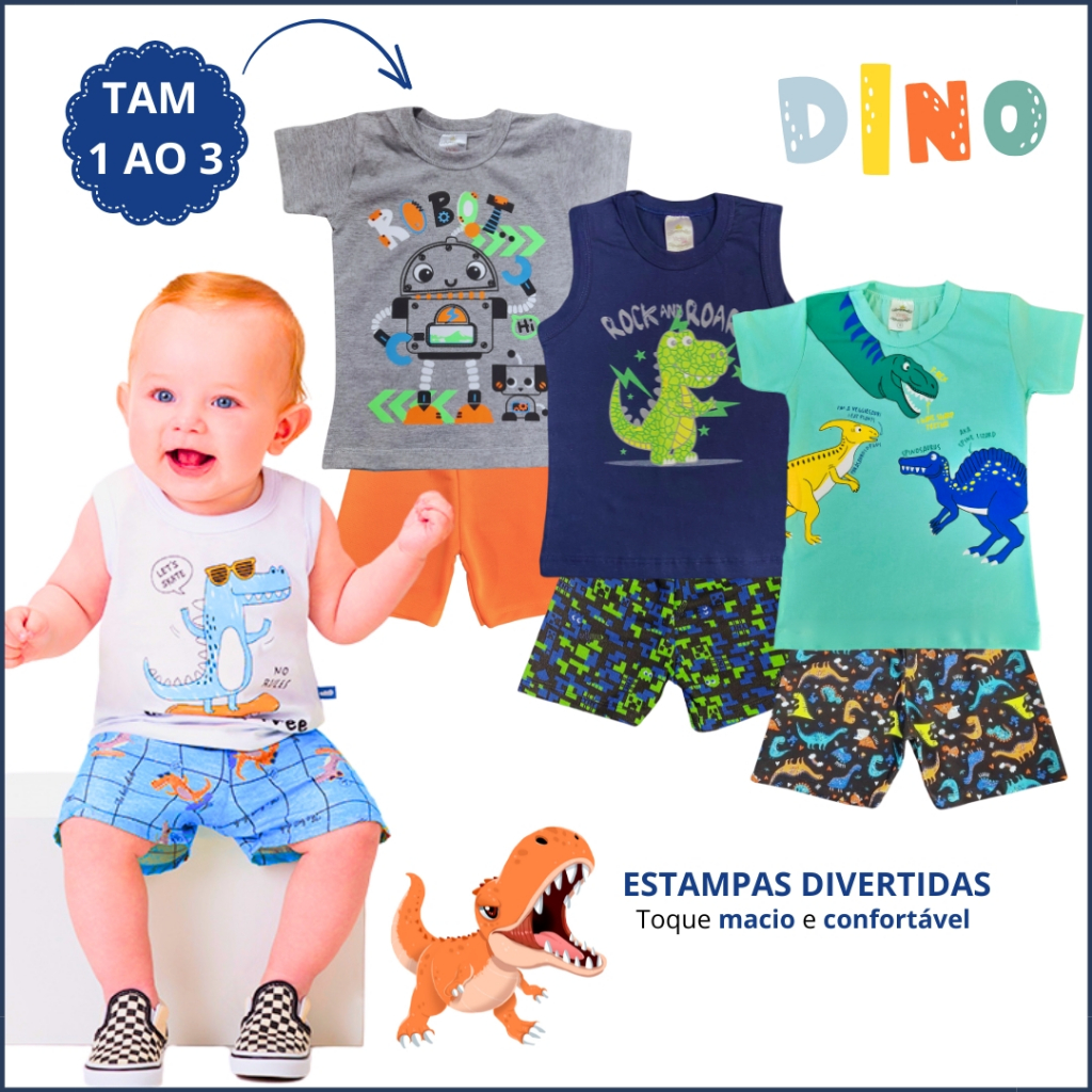 Kit 6 Peça Roupa de Bebê Verão Conjunto Curto Menino Calor Estilo Blogueiro 3 Regata 3 Short Dino Sa