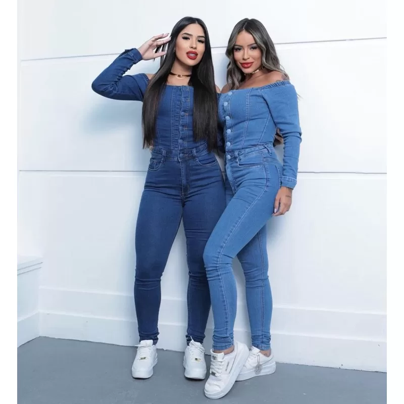 Macacão Longo Jeans Modelo Casual Festa Balada Noite