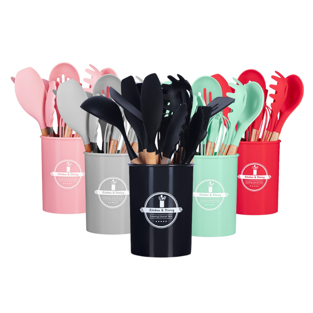Jogo De Cozinha Kit C/12 Peças De Premium Silicone Utensílios E Copo Suporte Para Cabo De Madeira