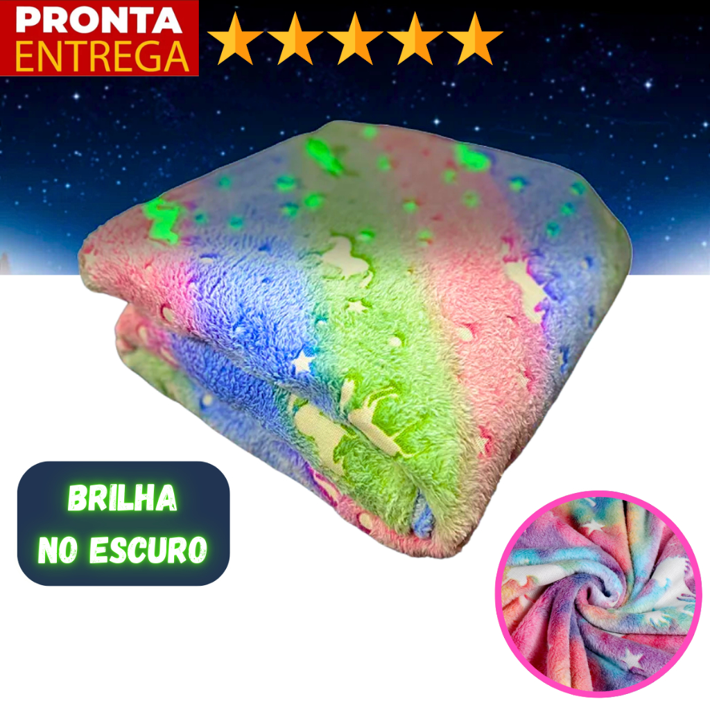 Manta Infantil Brilha No Escuro Unicórnio Felpuda 1m x 80cm