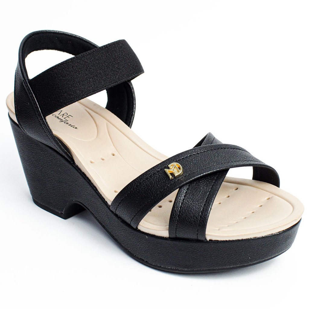 Sandália Modare Anabela Salto Grosso Plataforma Ortopédica Preta