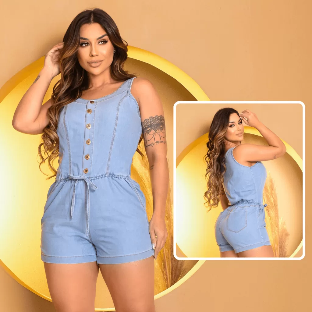 Macaquinho Jeans Feminino Sem Lycra Cavado Leve Soltinho Short Regata