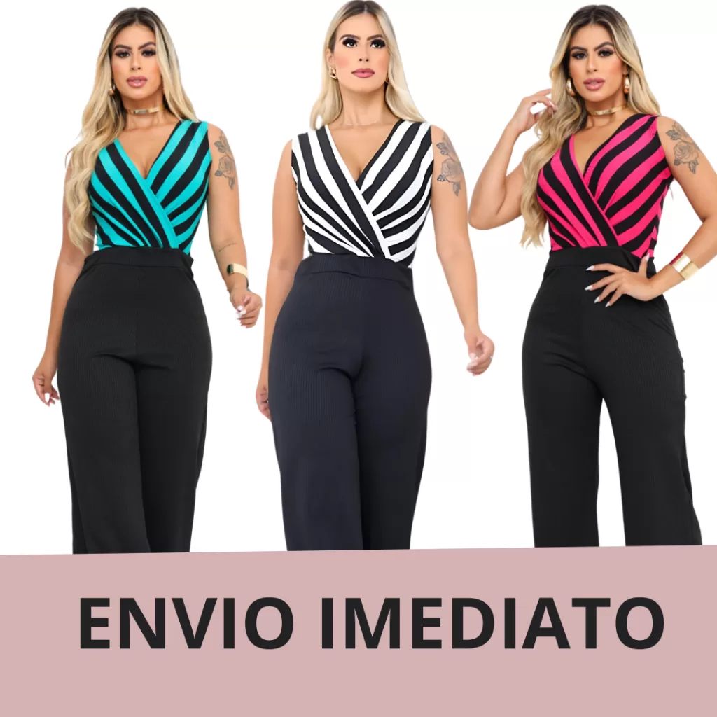 Macacão Feminino Regata Longo Pantalona Social Elegante chique com malha canelada decote moda femini