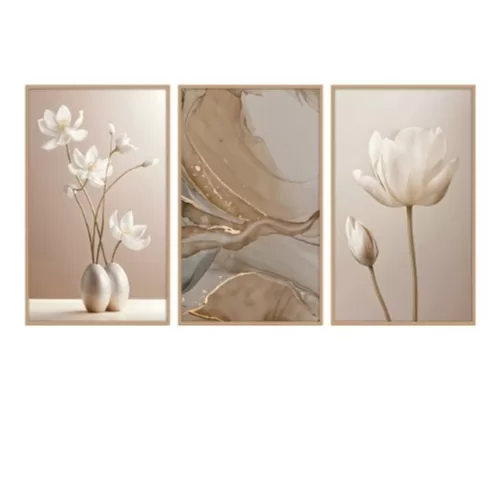 Kit 3 Quadro Decorativo Flores Abstrato Linha Gold